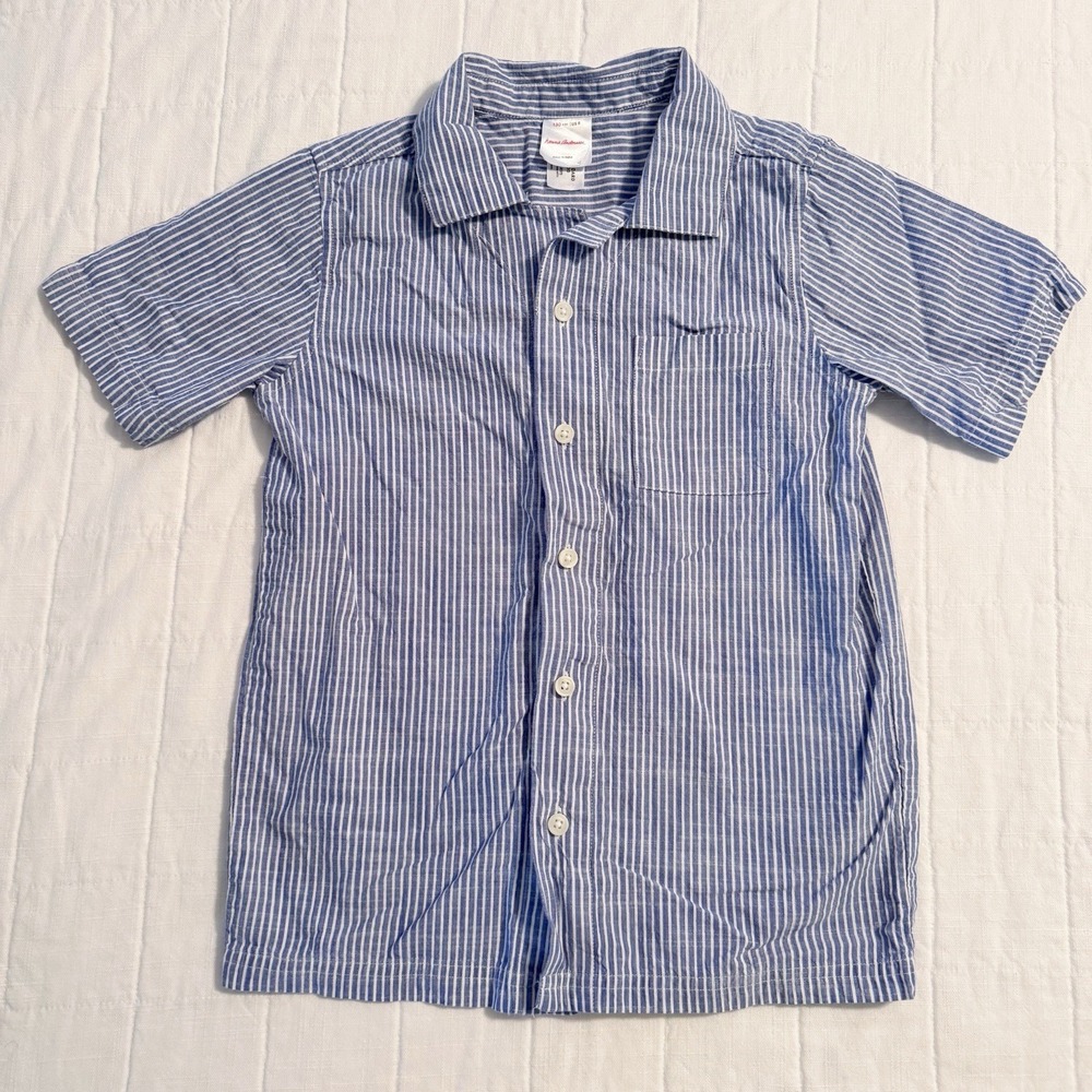 Hanna Andersson Boys 8 Cotton Button Up Shirt Short Sleeve Blue White Stripe